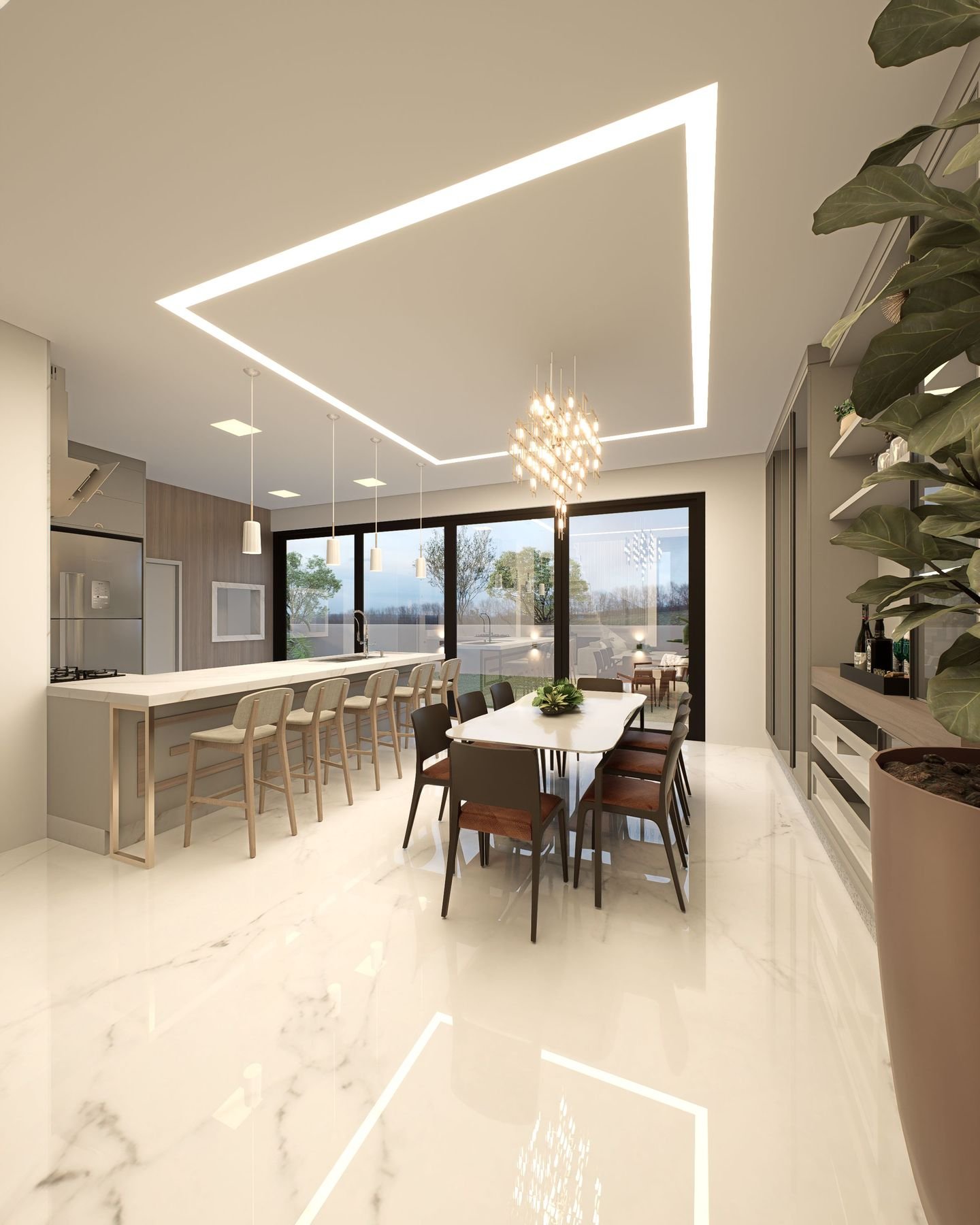 Cozinha integrada com porcelanato de grande formato